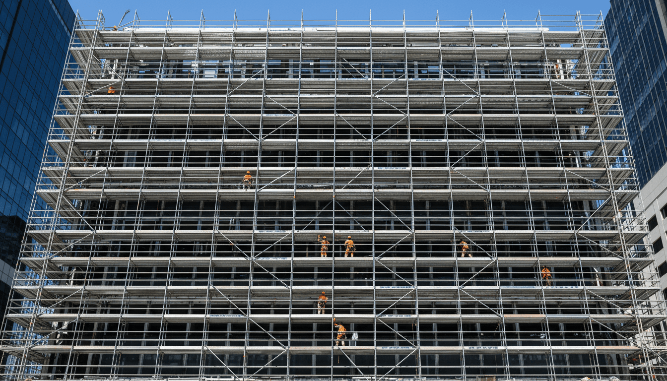 Professional metal scaffolding system with workers performing elevated construction tasks