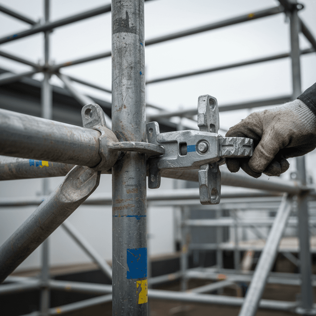 Detailed view of sturdy metal scaffolding frame showing connection points and structural stability