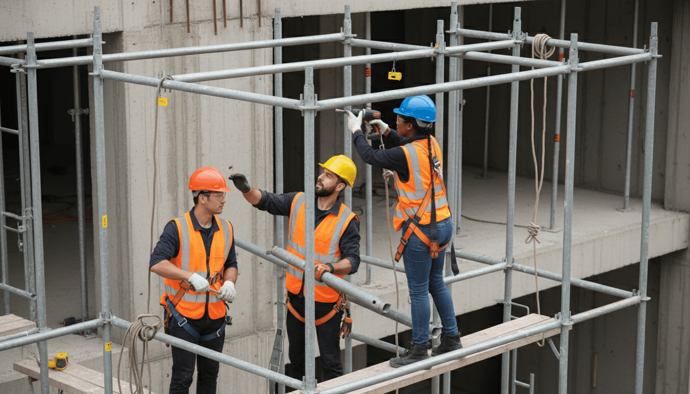 Construction workers on scaffolding at commercial building project