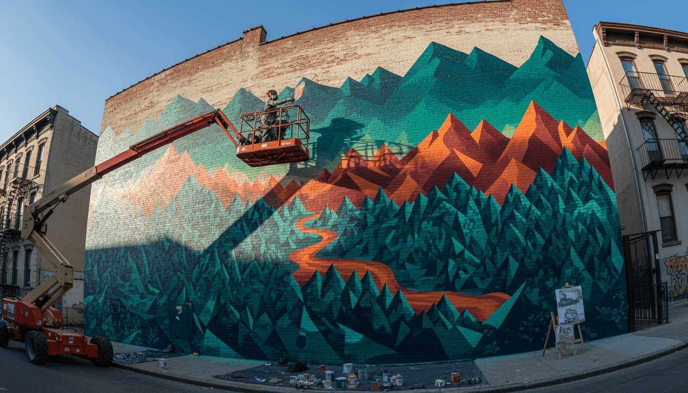 Custom scaffolding configuration for indoor mural work