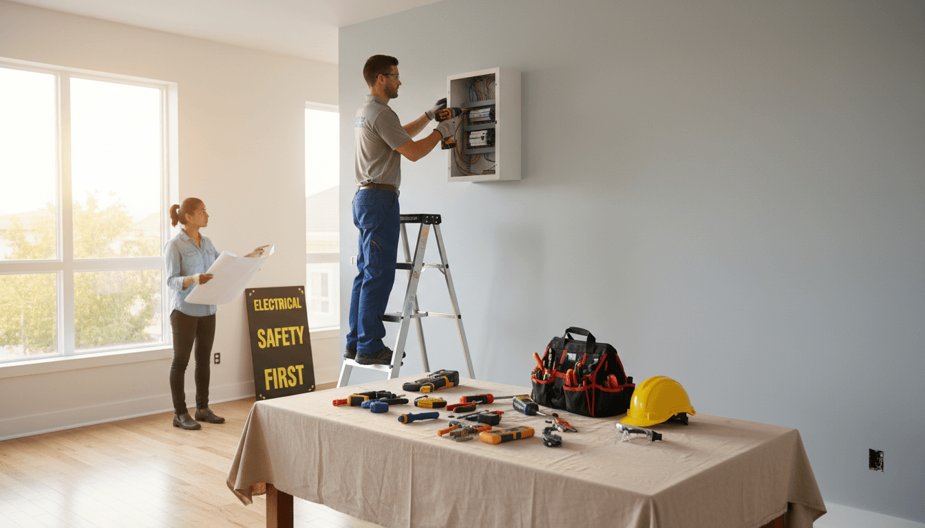 Electrical work setup with secure scaffolding platform