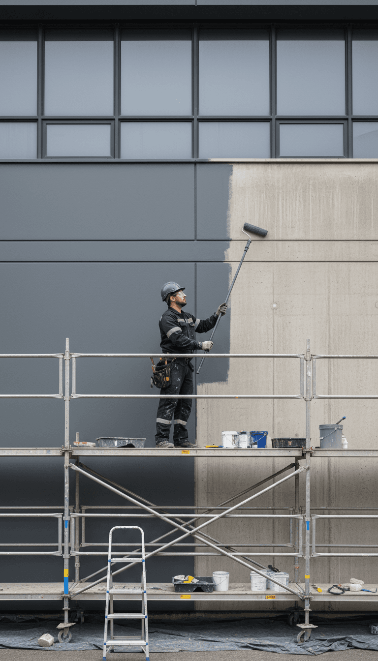Painting crew using flexible scaffold system on house exterior