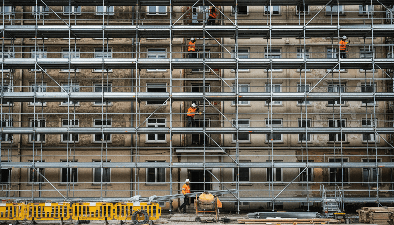 Standard aluminum scaffold frame system assembled outdoors