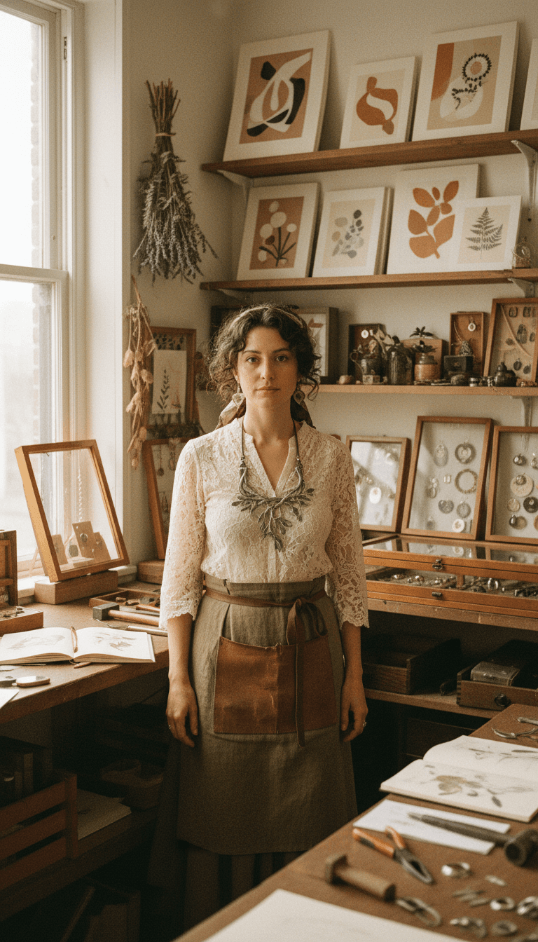 Artist standing in vintage-styled studio surrounded by jewelry and botanical art print displays