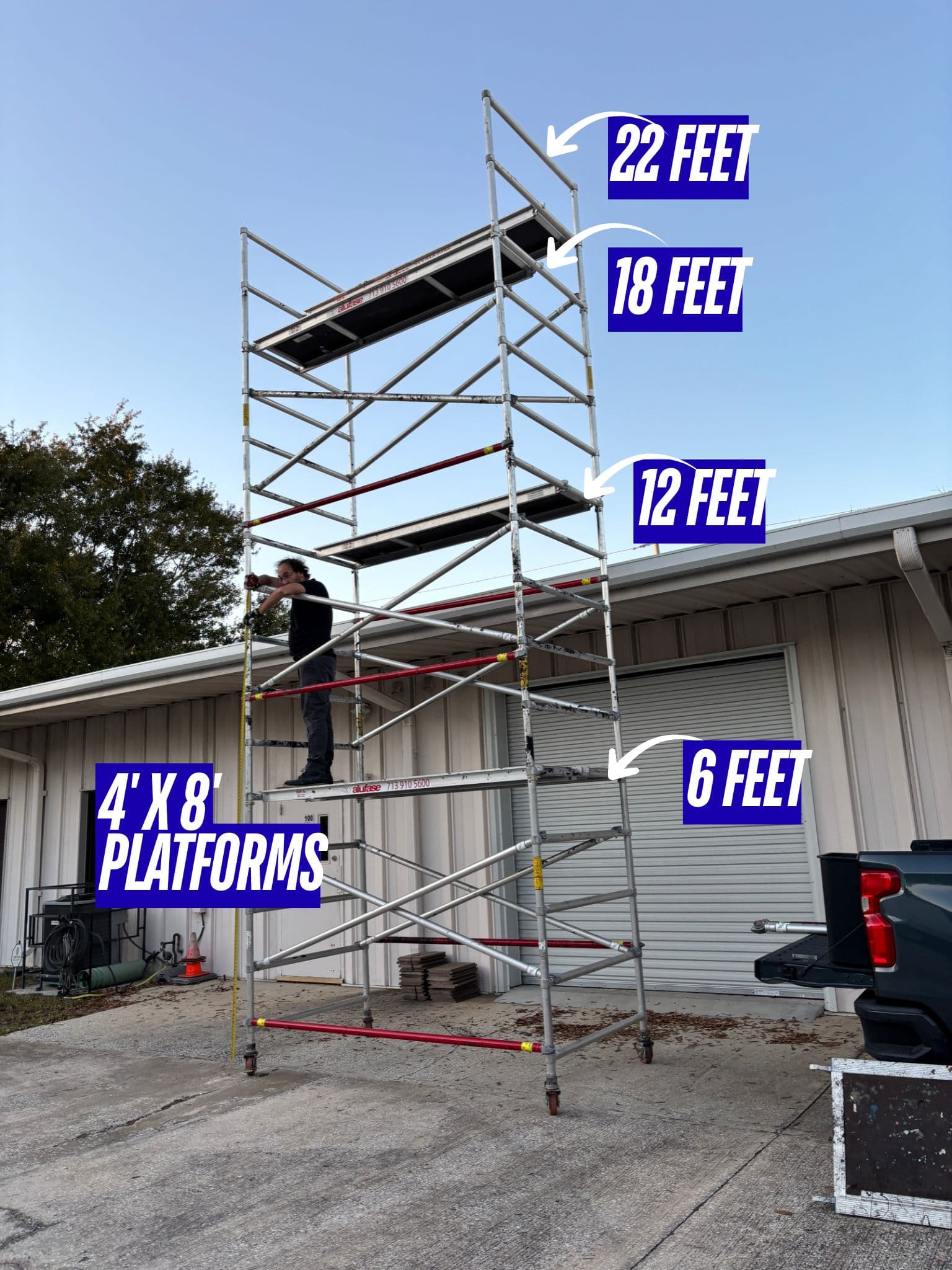 Tall scaffolding with 4x8 platforms and height labels from 6 to 22 feet.
